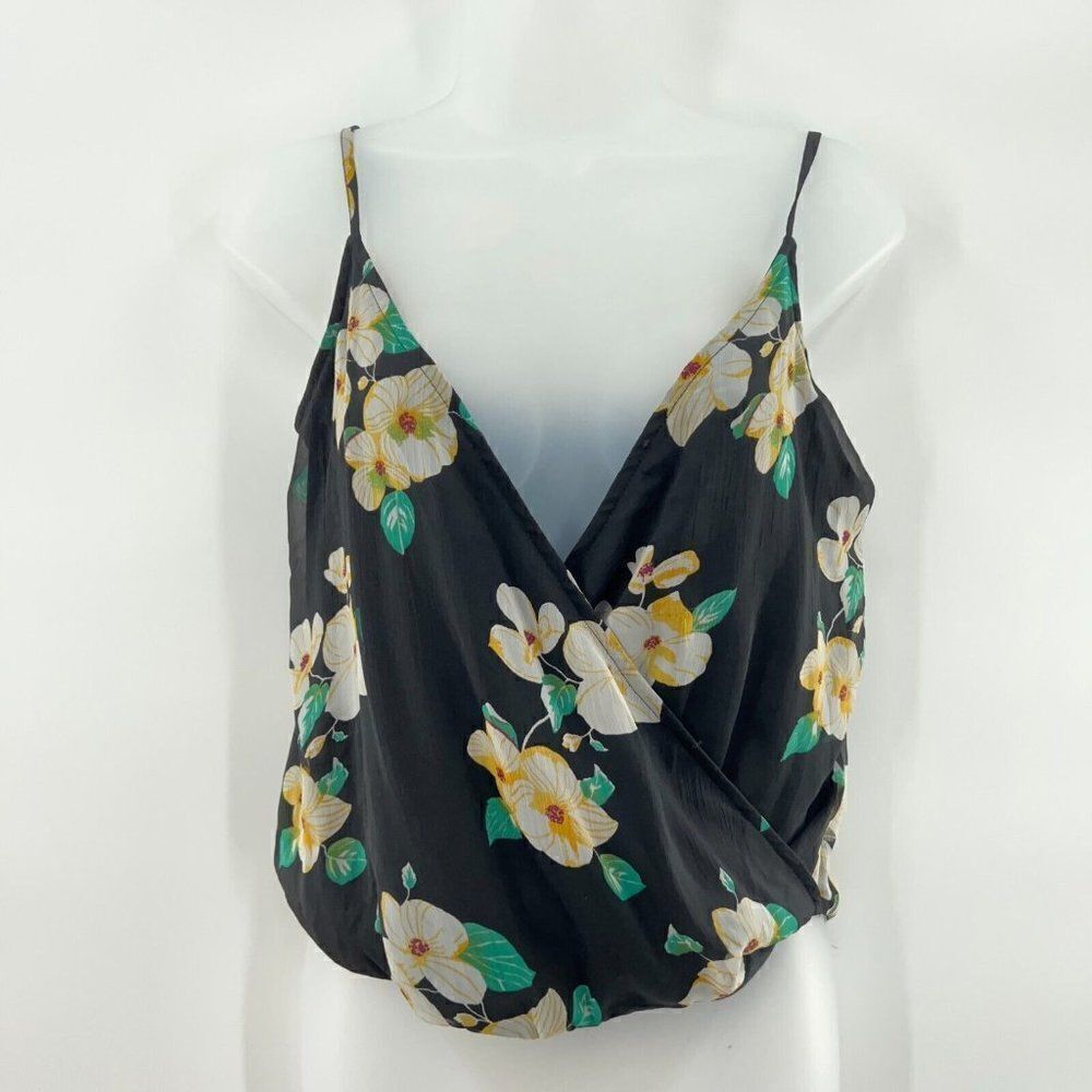 Free Press Top Women's Size XXS Black Floral Draped Tank Cami Spaghetti Straps